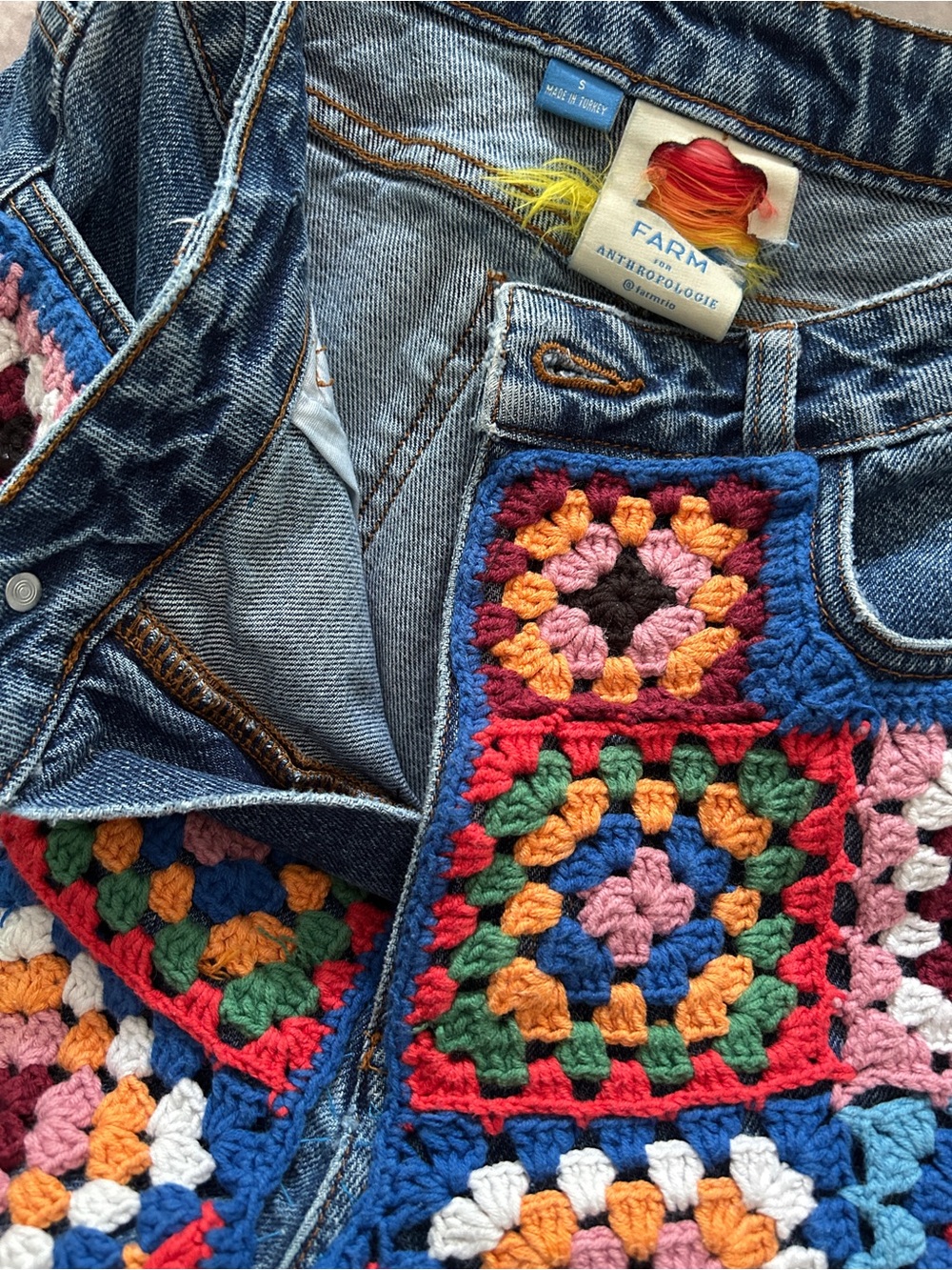 Farm Rio Crochet Knit Patchwork Denim Shorts Small - Picture 3 of 3